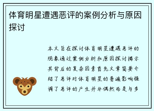 体育明星遭遇恶评的案例分析与原因探讨